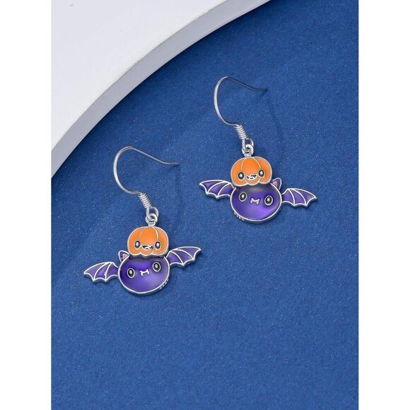 925 Sterling Silver Pumpkin Bat Patriotic Earrings for Women - Picture 2 of 6